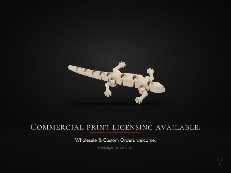 May include: A light-colored, articulated lizard figurine with a segmented body and tail. The text reads: COMMERCIAL PRINT LICENSING AVAILABLE. Wholesale & Custom Orders welcome. Message us on Etsy.