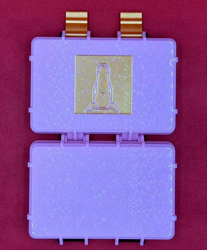 May include: Open, light purple, hinged case with a gold-colored emblem. The case is decorated with a subtle star pattern. Two brown and gold connectors are attached to the top of the case. The case is open, revealing the interior.
