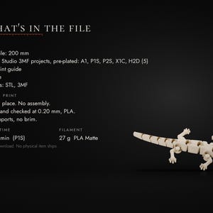 May include: A digital download file for a 200 mm articulated lizard 3D print. Includes STL and 3MF files, a PDF guide, and license. The print requires 27 g of PLA matte filament, takes 1 hour 28 minutes to print, and requires no assembly.
