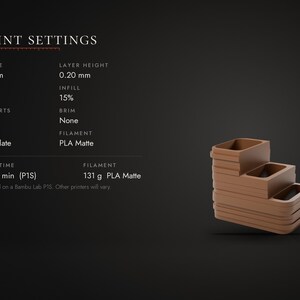 May include: A brown, tiered, 3D-printed storage organizer with three rectangular compartments of varying heights. The image includes text detailing print settings: Nozzle 0.4 mm, Layer Height 0.20 mm, Walls 2, Infill 15%, Supports Off, Brim None, Cool Plate, PLA Matte, Print Time 3 h 06 min, and 131 g PLA Matte.