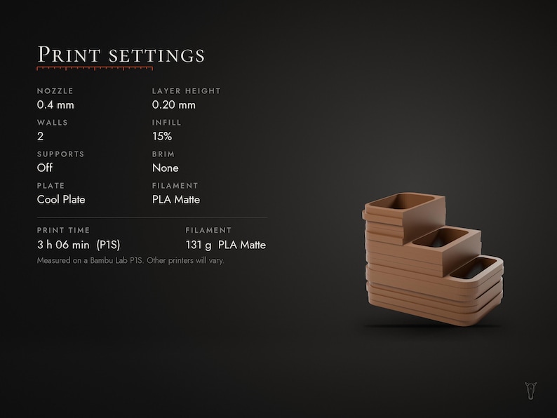 May include: A brown, tiered, 3D-printed storage organizer with three rectangular compartments of varying heights. The image includes text detailing print settings: Nozzle 0.4 mm, Layer Height 0.20 mm, Walls 2, Infill 15%, Supports Off, Brim None, Cool Plate, PLA Matte, Print Time 3 h 06 min, and 131 g PLA Matte.