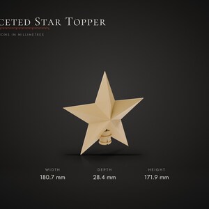 May include: A beige faceted star topper with a cylindrical base. Text reads: Faceted Star Topper. Dimensions in millimetres. Width 180.7 mm, depth 28.4 mm, height 171.9 mm. The star has five points and a geometric, angular surface design.