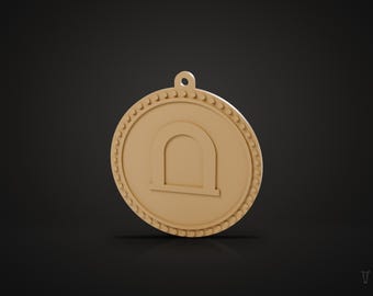 May include: A circular tan pendant featuring a raised archway symbol in the centre and a decorative beaded border along the outer edge. The pendant includes a small loop at the top for attachment, presented in a solid, monochromatic tan colour.