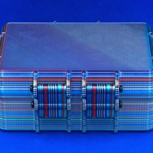 May include: A rectangular hard-shell storage case featuring a metallic, iridescent finish with horizontal bands of blue, purple, and red. The exterior has a textured, carbon-fiber-like pattern on the lid and two prominent front latches.