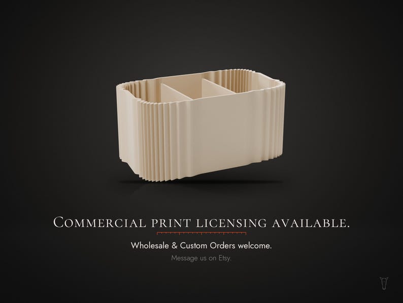 May include: A beige rectangular desk organizer with a ribbed exterior texture and two internal compartments. The text below reads: COMMERCIAL PRINT LICENSING AVAILABLE. Wholesale & Custom Orders welcome. Message us on Etsy.