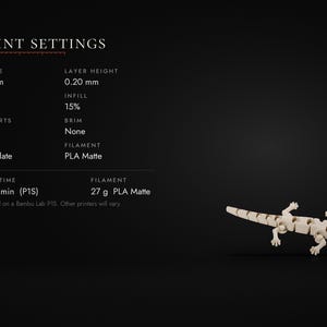 May include: A beige articulated lizard figurine on a black background with white text listing print settings: 0.4 mm nozzle, 0.20 mm layer height, 2 walls, 15% infill, no supports, no brim, cool plate, PLA matte, and 27 g filament.