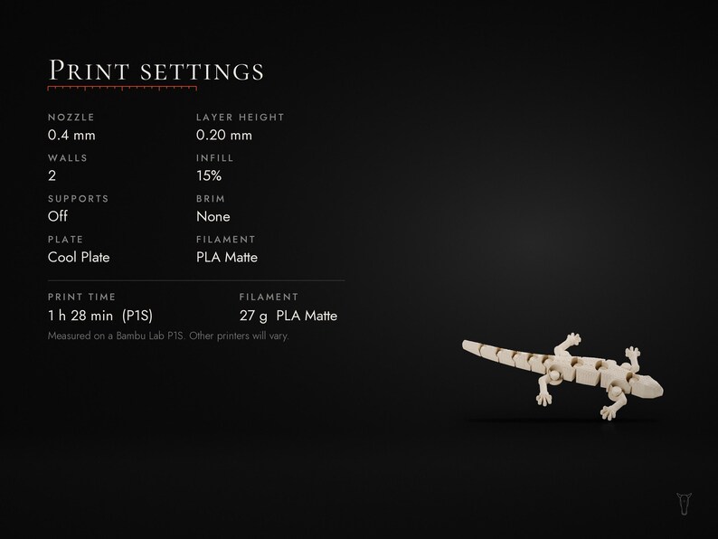 May include: A beige articulated lizard figurine on a black background with white text listing print settings: 0.4 mm nozzle, 0.20 mm layer height, 2 walls, 15% infill, no supports, no brim, cool plate, PLA matte, and 27 g filament.