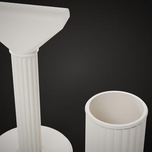 May include: A white fluted column stand with a wide flat top and a circular base, positioned next to a white cylindrical container with a matching fluted exterior texture. Both objects are matte white and feature vertical grooves.