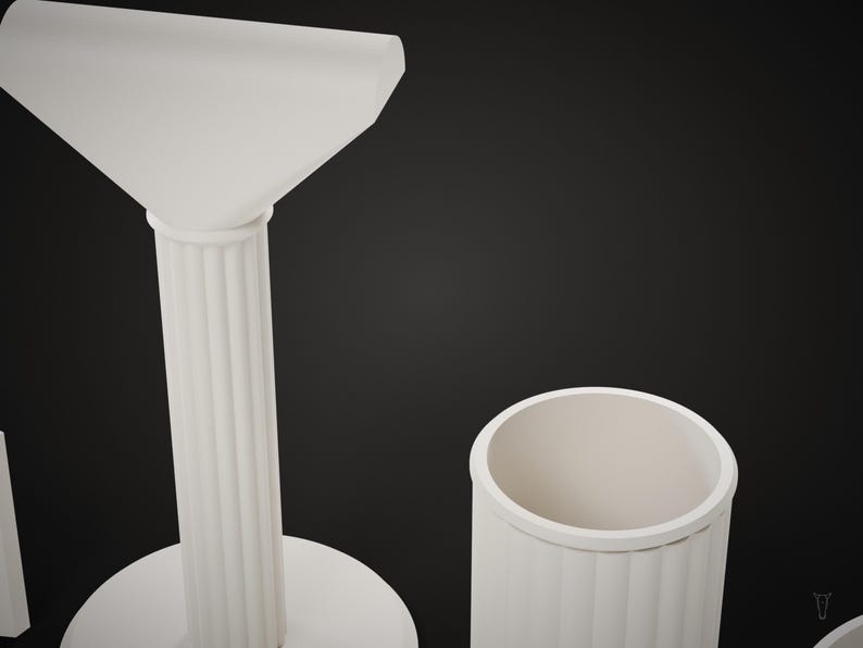 May include: A white fluted column stand with a wide flat top and a circular base, positioned next to a white cylindrical container with a matching fluted exterior texture. Both objects are matte white and feature vertical grooves.