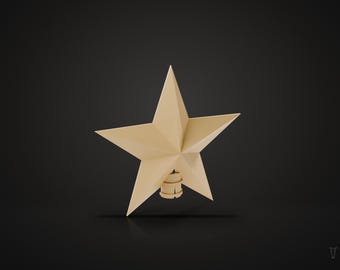 Może przedstawiać: Pięcioramienna gwiazda z matowym beżowym wykończeniem i fasetowaną geometryczną powierzchnią. Gwiazda posiada małe cylindryczne mocowanie u podstawy, zaprojektowane do montażu lub zabezpieczenia przedmiotu na powierzchni.