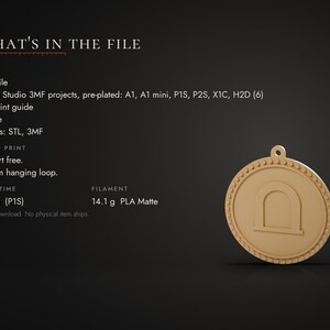 May include: A digital download file listing titled WHAT'S IN THE FILE, featuring 1 STL file, Bambu Studio 3MF projects, and a PDF print guide. A beige circular pendant with a central arch design and a 4.2 mm hanging loop is displayed.