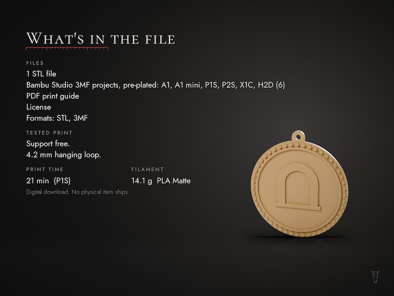 May include: A digital download file listing titled WHAT'S IN THE FILE, featuring 1 STL file, Bambu Studio 3MF projects, and a PDF print guide. A beige circular pendant with a central arch design and a 4.2 mm hanging loop is displayed.