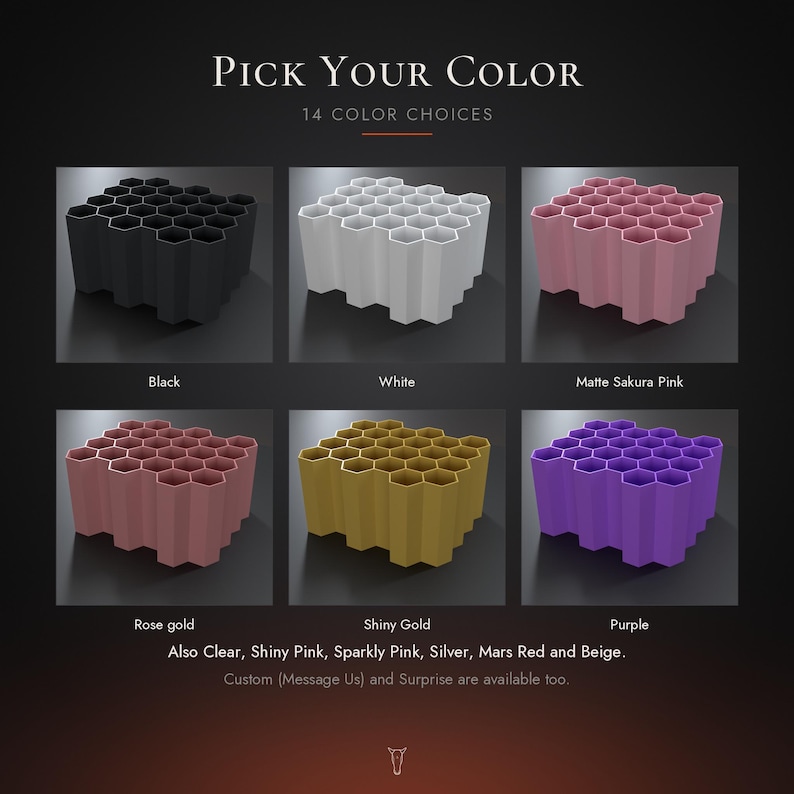 May include: A honeycomb-shaped organizer with hexagonal compartments shown in black, white, matte sakura pink, rose gold, shiny gold, and purple. The text reads Pick Your Color, 14 Color Choices, and lists additional colors including clear and silver.