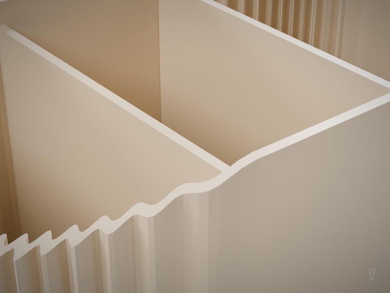 May include: A beige, multi-compartment organizer featuring a series of vertical, wavy, and straight partitions. The structure is composed of smooth, light-colored panels that create distinct, open-topped sections for storage and organization.