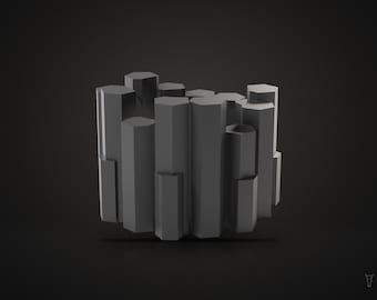 May include: A dark gray sculptural object composed of multiple vertical hexagonal columns of varying heights arranged in a circular cluster. The structure features flat tops and smooth sides, creating a geometric, multi-tiered appearance.