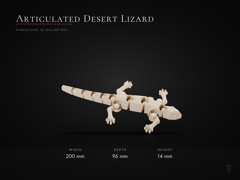 May include: An articulated desert lizard figurine in a light beige color. The text reads: Articulated Desert Lizard, Dimensions in millimetres, Width 200 mm, Depth 96 mm, Height 14 mm. The lizard has a segmented body and four detailed feet.