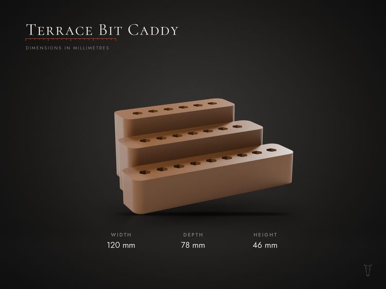 May include: A brown Terrace Bit Caddy with three tiered levels, each featuring rows of hexagonal holes for storage. The caddy measures 120 mm in width, 78 mm in depth, and 46 mm in height, as indicated by the text on the image.
