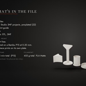 May include: A digital download listing titled WHAT'S IN THE FILE containing 4 STL files, Bambu Studio 3MF projects, and a PDF print guide. The image displays four white 3D printed objects including a fluted column, a cylinder, and a tray.