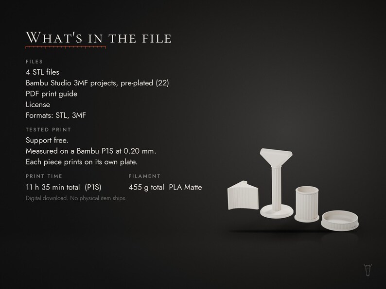 May include: A digital download listing titled WHAT'S IN THE FILE containing 4 STL files, Bambu Studio 3MF projects, and a PDF print guide. The image displays four white 3D printed objects including a fluted column, a cylinder, and a tray.