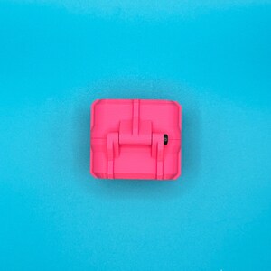 May include: A bright neon pink rectangular storage case with a hinged lid and a central latch mechanism. The case features a textured, matte finish and a small black circular detail visible near the hinge on the right side of the container.