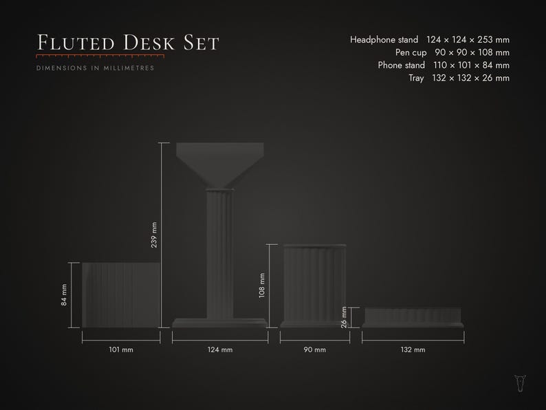 May include: A fluted desk set featuring a headphone stand, pen cup, phone stand, and tray. Text reads Fluted Desk Set with dimensions in millimeters: headphone stand 124x124x253 mm, pen cup 90x90x108 mm, phone stand 110x101x84 mm, and tray 132x132x26 mm.