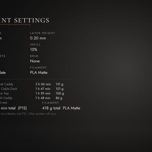 May include: A dark gray informational graphic titled PRINT SETTINGS listing technical specifications for 3D printing including nozzle size 0.4 mm, layer height 0.20 mm, 2 walls, 15% infill, no supports, no brim, Cool Plate, and PLA Matte filament.