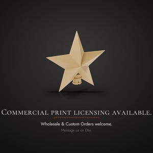 May include: A five-pointed beige star ornament with a cylindrical base attachment. The text below reads: COMMERCIAL PRINT LICENSING AVAILABLE. Wholesale & Custom Orders welcome. Message us on Etsy. The star is centred against a dark background.