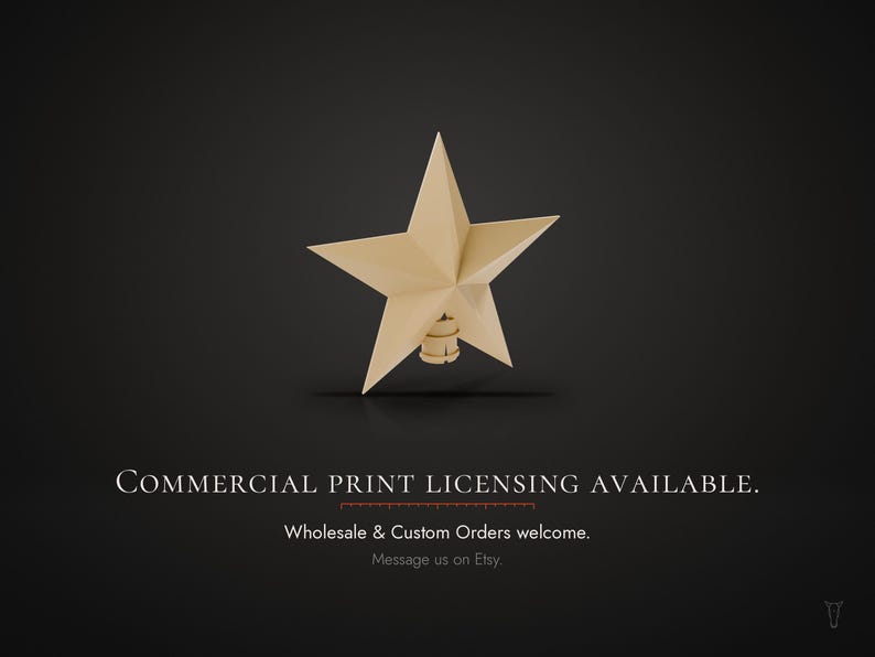 May include: A five-pointed beige star ornament with a cylindrical base attachment. The text below reads: COMMERCIAL PRINT LICENSING AVAILABLE. Wholesale & Custom Orders welcome. Message us on Etsy. The star is centred against a dark background.