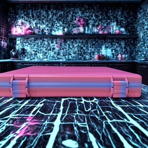 May include: A pink and purple rectangular case with a handle and latches, resting on a patterned surface. The case has a gradient color scheme, transitioning from pink to purple. The background features a kitchen setting with shelves and windows.