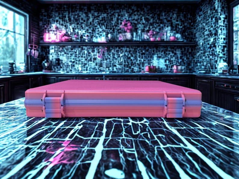 May include: A pink and purple rectangular case with a handle and latches, resting on a patterned surface. The case has a gradient color scheme, transitioning from pink to purple. The background features a kitchen setting with shelves and windows.
