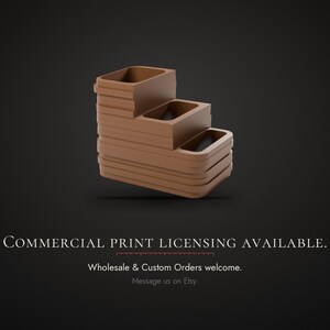 May include: A brown, three-tiered, stepped storage organizer with rectangular compartments. The text below reads: COMMERCIAL PRINT LICENSING AVAILABLE. Wholesale & Custom Orders welcome. Message us on Etsy.