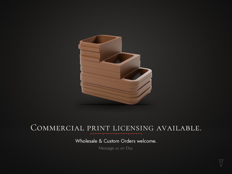 May include: A brown, three-tiered, stepped storage organizer with rectangular compartments. The text below reads: COMMERCIAL PRINT LICENSING AVAILABLE. Wholesale & Custom Orders welcome. Message us on Etsy.