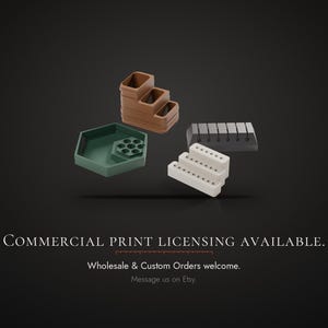 May include: A collection of 3D printed organizers including a brown tiered stand, a green hexagonal tray with a circular insert, a white tiered stand with small holes, and a grey rectangular block with slots. Text reads: COMMERCIAL PRINT LICENSING AVAILABLE.