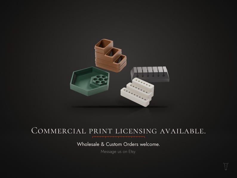 May include: A collection of 3D printed organizers including a brown tiered stand, a green hexagonal tray with a circular insert, a white tiered stand with small holes, and a grey rectangular block with slots. Text reads: COMMERCIAL PRINT LICENSING AVAILABLE.
