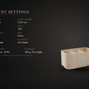 May include: A beige 3D printed rectangular organizer with vertical ribbed sides and internal dividers. The image displays print settings including a 0.4 mm nozzle, 0.20 mm layer height, 15% infill, and 185 g of PLA Matte filament usage.
