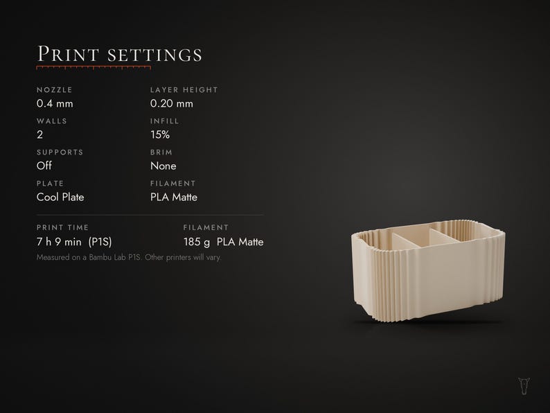 May include: A beige 3D printed rectangular organizer with vertical ribbed sides and internal dividers. The image displays print settings including a 0.4 mm nozzle, 0.20 mm layer height, 15% infill, and 185 g of PLA Matte filament usage.