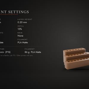 May include: A brown, three-tiered, stepped display stand with circular holes on each level. The image includes text detailing print settings: 0.4 mm nozzle, 0.20 mm layer height, 2 walls, 15% infill, no supports, no brim, Cool Plate, and PLA Matte.