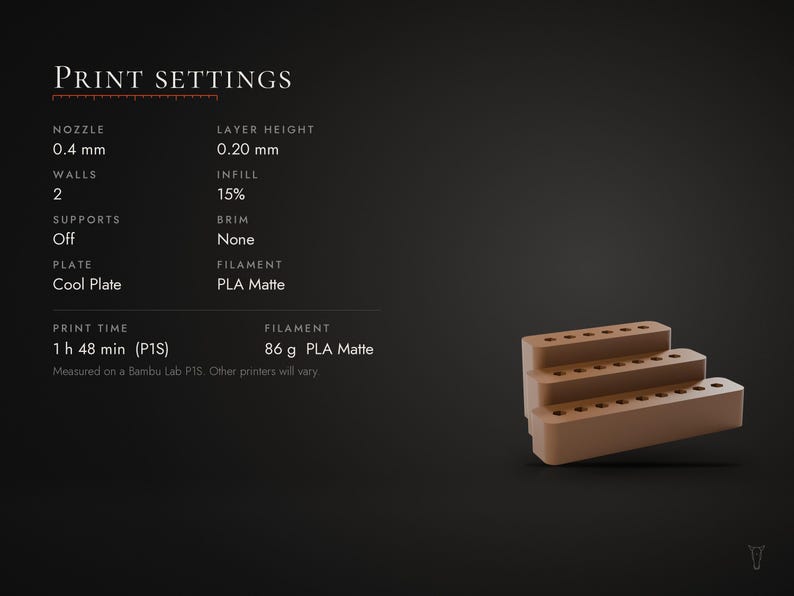 May include: A brown, three-tiered, stepped display stand with circular holes on each level. The image includes text detailing print settings: 0.4 mm nozzle, 0.20 mm layer height, 2 walls, 15% infill, no supports, no brim, Cool Plate, and PLA Matte.