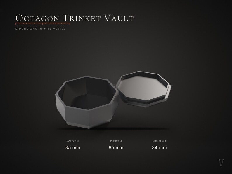 May include: A dark gray octagon trinket vault with a removable lid. The text Octagon Trinket Vault is displayed at the top. Dimensions are listed as 85 mm width, 85 mm depth, and 34 mm height. The object has a geometric, eight-sided shape.