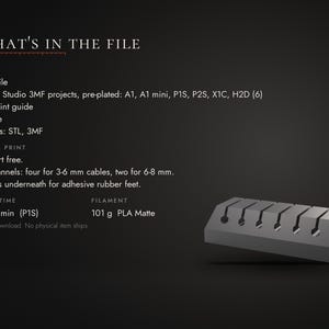 Op de afbeelding: Een digitaal downloadbestand voor een 3D-geprinte kabelorganizer. De tekst vermeldt bestanden waaronder 1 STL, Bambu Studio 3MF-projecten en een PDF-gids. De grijze organizer heeft zes kanalen voor kabels en uitsparingen.
