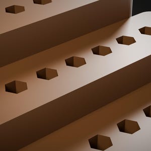 May include: A light brown tiered display stand featuring multiple rows of evenly spaced hexagonal cutouts. The structure has a smooth, matte finish and a stepped design, with each level rising sequentially to hold items securely in place.