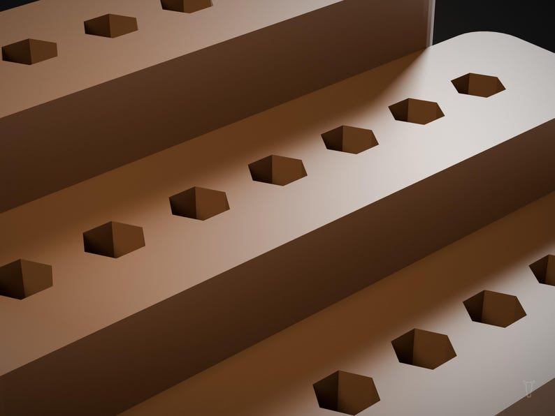 May include: A light brown tiered display stand featuring multiple rows of evenly spaced hexagonal cutouts. The structure has a smooth, matte finish and a stepped design, with each level rising sequentially to hold items securely in place.