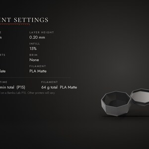 May include: A dark gray, octagonal 3D printed container with a separate lid. The image displays print settings including a 0.4 mm nozzle, 0.20 mm layer height, 2 walls, 15% infill, no supports, no brim, Cool Plate, and PLA Matte filament.