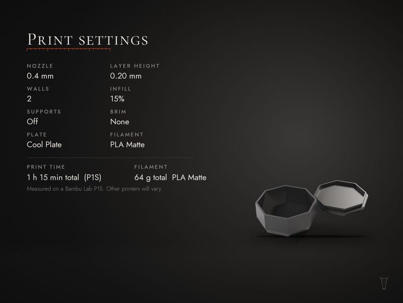 May include: A dark gray, octagonal 3D printed container with a separate lid. The image displays print settings including a 0.4 mm nozzle, 0.20 mm layer height, 2 walls, 15% infill, no supports, no brim, Cool Plate, and PLA Matte filament.