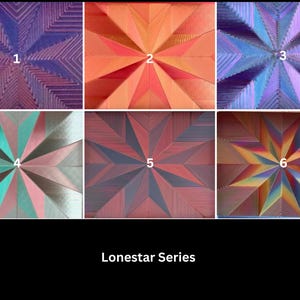 May include: A collage of six geometric star patterns labeled Lonestar Series. Each section features a unique color palette including shades of purple, orange, blue, teal, pink, and multi-colored gradients arranged in a radiating star design.