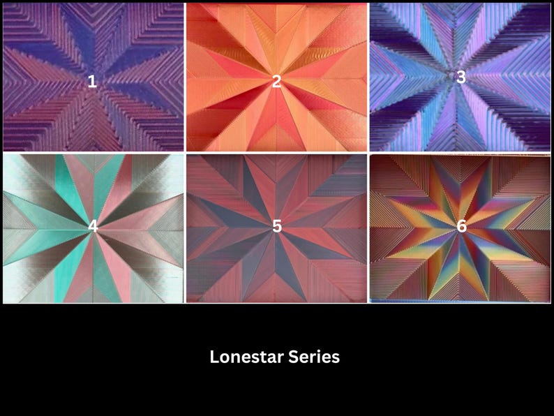 May include: A collage of six geometric star patterns labeled Lonestar Series. Each section features a unique color palette including shades of purple, orange, blue, teal, pink, and multi-colored gradients arranged in a radiating star design.