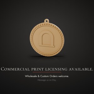 May include: A circular tan pendant featuring a raised archway icon in the center and a beaded border. The text below reads: COMMERCIAL PRINT LICENSING AVAILABLE. Wholesale & Custom Orders welcome. Message us on Etsy.