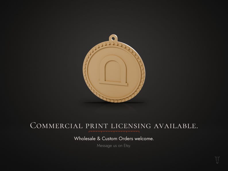 May include: A circular tan pendant featuring a raised archway icon in the center and a beaded border. The text below reads: COMMERCIAL PRINT LICENSING AVAILABLE. Wholesale & Custom Orders welcome. Message us on Etsy.