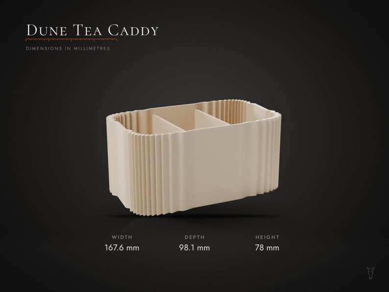 May include: A beige Dune Tea Caddy with a ribbed exterior and internal dividers. The caddy measures 167.6 mm in width, 98.1 mm in depth, and 78 mm in height. The text Dune Tea Caddy is displayed above the object with dimension details.