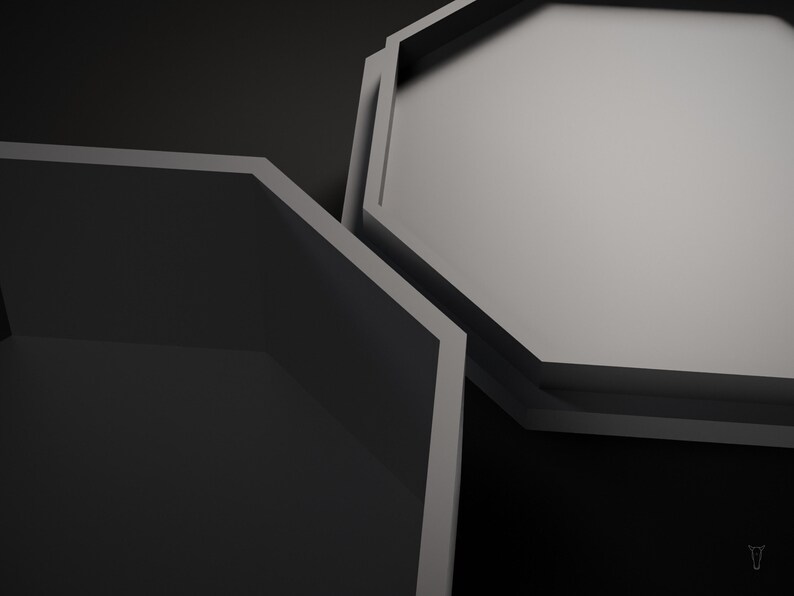 May include: Two octagonal containers with a matte finish. One container is open and empty with dark interior walls, while the other is positioned slightly above it, showing a light gray, flat, solid octagonal lid or base surface.